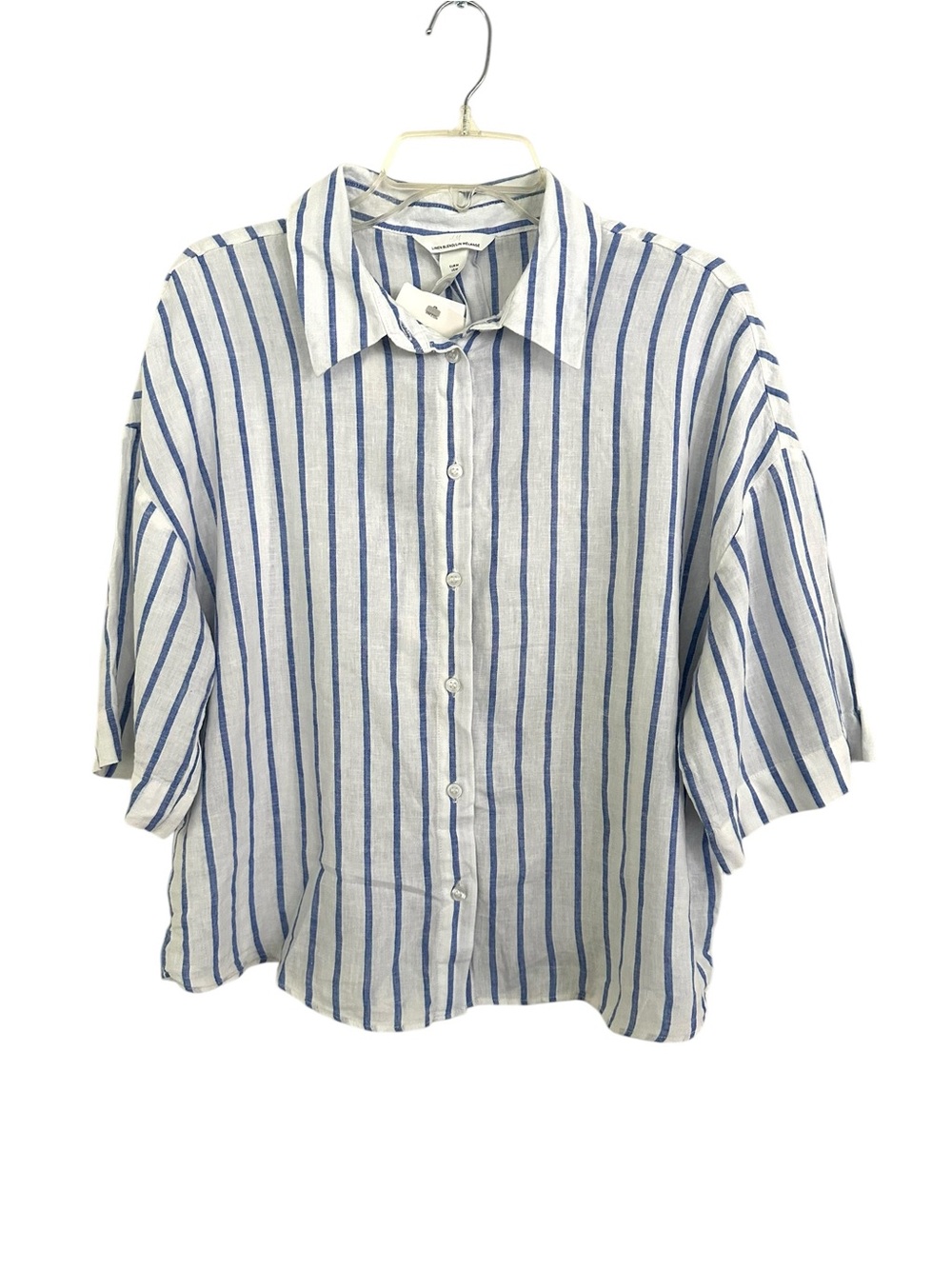 H&M Linen Blend Shirt top size medium blue white stripe NWT - Picture 4 of 12